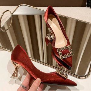 Diamond high -heeled shoes red side empty shoes